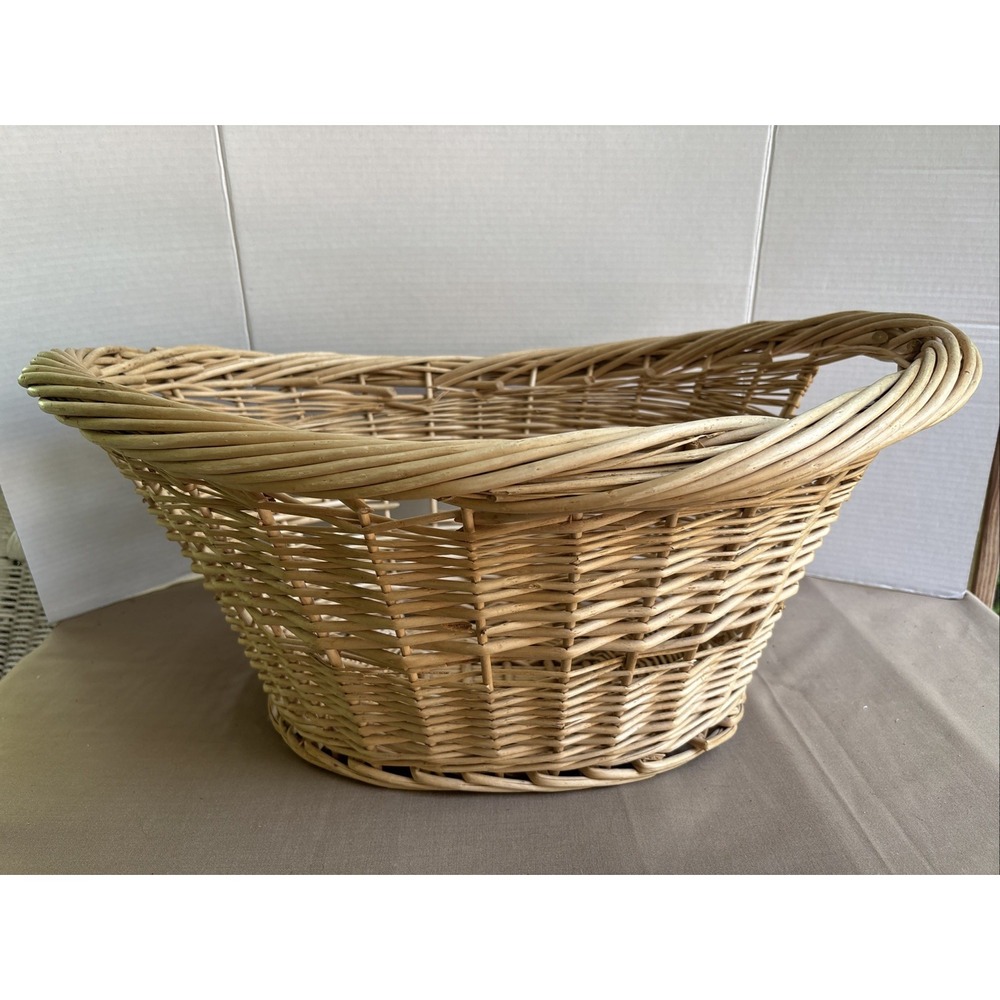 Vintage Large Woven Wicker Oval Laundry Basket with Handles Farmhouse Decor